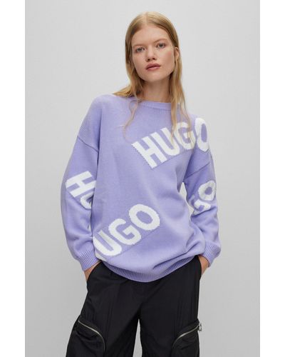 HUGO Logo-intarsia Sweater In An Organic-cotton Blend - Purple