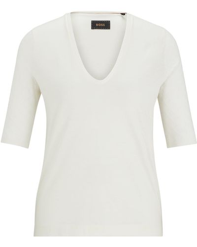 BOSS T-Shirt aus Seide und Baumwolle mit V-Ausschnitt - Weiß
