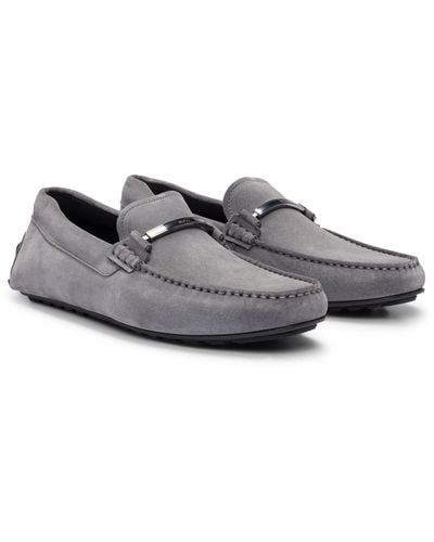 BOSS Suede Moccasins With Branded Hardware And Full Lining - Gray