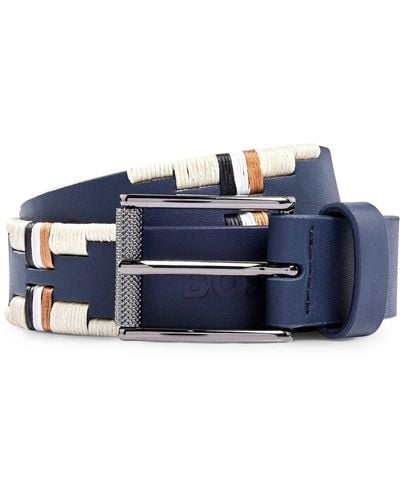 BOSS Equestrian Belt With Embroidery And Signature Stripe - Blue