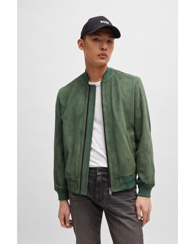 BOSS Suede Bomber Jacket With Ribbed Trims - Green