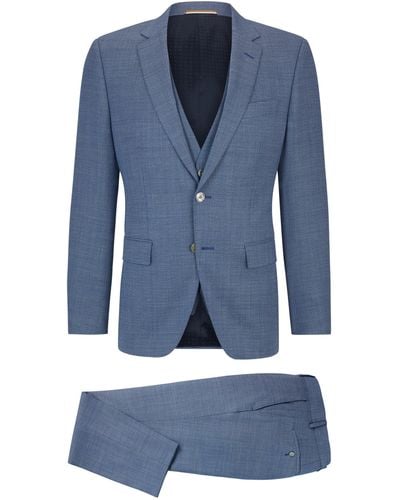 BOSS Slim-Fit Anzug aus Woll-Mix mit Hopsack-Webstruktur - Blau