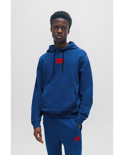 HUGO Hooded Sweatshirt In Terry Cotton With Red Logo Label - Blue