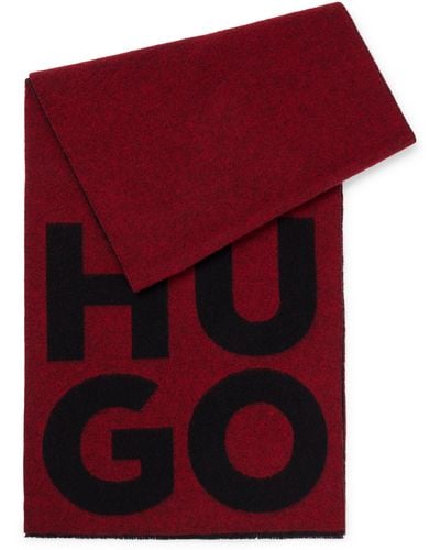 HUGO Wool-blend Scarf With Stacked Logo And Fringing - Red