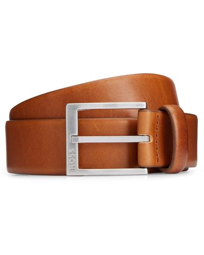 BOSS Italian-leather Belt With Silver-toned Buckle - Brown
