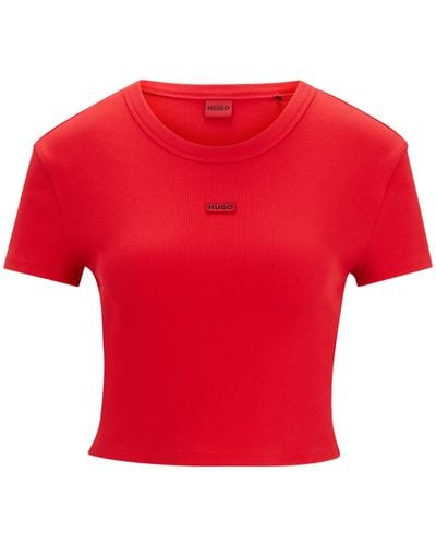 HUGO Slim-Fit T-Shirt in Cropped-Länge aus Stretch-Baumwolle mit rotem Logo-Etikett