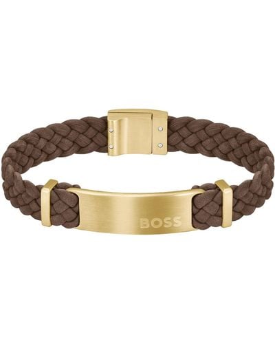 BOSS Brown-suede Braided Cuff With Logo Plate