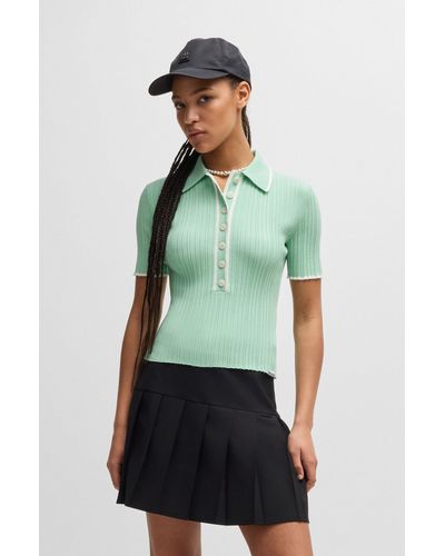 HUGO Slim-fit Knitted Top With Polo Collar - Green