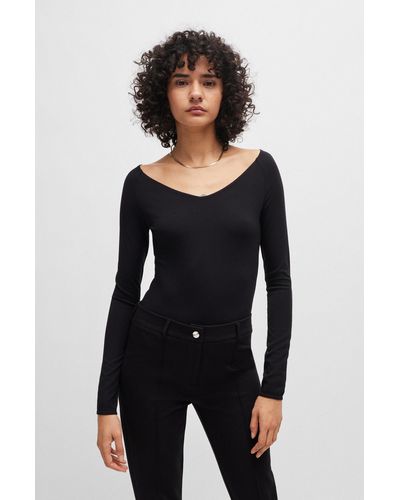 BOSS Slim-fit Bodysuit In Stretch Jersey With Wide Neckline - Black