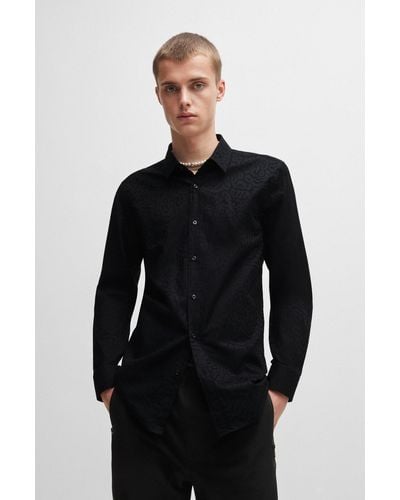 HUGO Extra-slim-fit Shirt In Animal-pattern Cotton Jacquard - Black