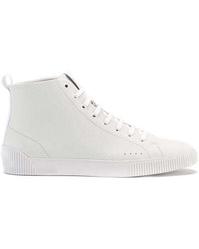 HUGO High-top Trainers In Grained Leather - White