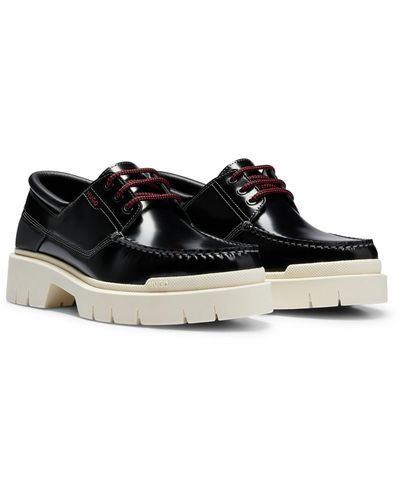 HUGO Leather Boat Shoes With Chunky Rubber Outsole - Black