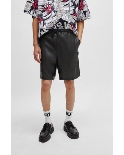 HUGO Perforated Faux-leather Shorts With Stacked Logo - Black