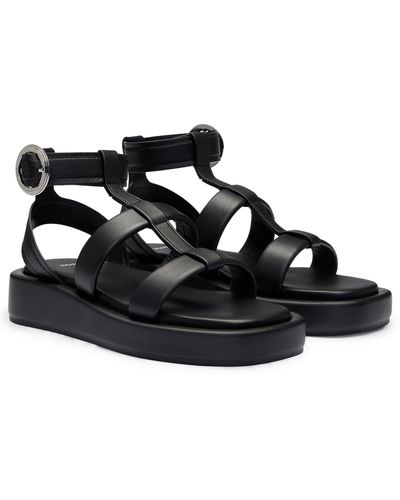 BOSS Platform Leather Sandals With Branded Buckle Closure - Black
