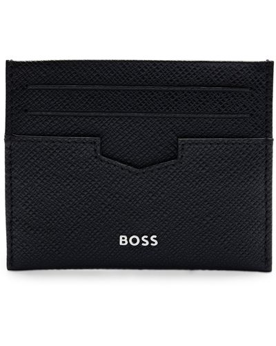 BOSS Emed-leather Card Holder With Metal Logo Lettering - Zwart