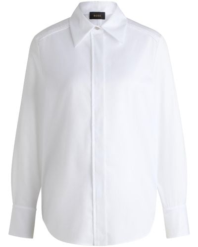 BOSS Striped-cotton Blouse With Concealed Placket - White