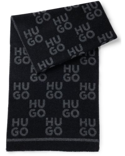 HUGO Wool-blend Scarf With Stacked-logo Motif - Black