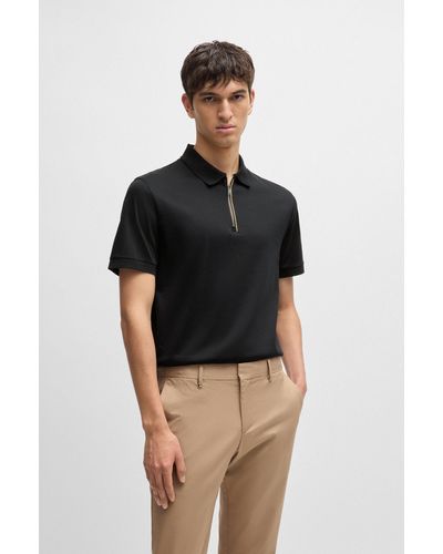 BOSS Mercerised-cotton Slim-fit Polo Shirt With Zip Placket - Black