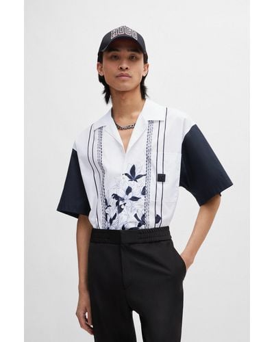 HUGO Oversized-fit Cotton Shirt With Floral And Chain Print - Black