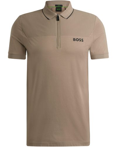 BOSS Slim-Fit Poloshirt mit Troyerkragen und Mesh-Details - Natur