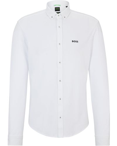BOSS Regular-fit Overhemd Van Gebreide Katoenpiqué - Wit