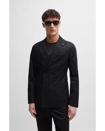 BOSS Slim-fit Double-breasted Jacket In Stretch Cotton - Black