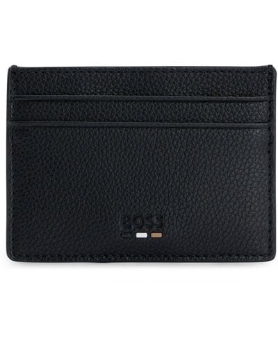 BOSS Signature-stripe Card Holder In Grained Faux Leather - Black