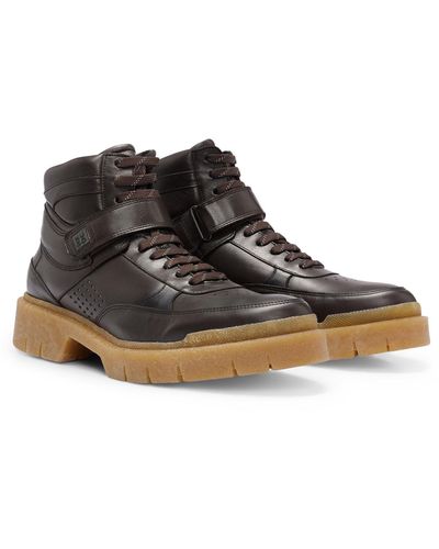 HUGO Half Boots In Leather With Branded Strap - Brown