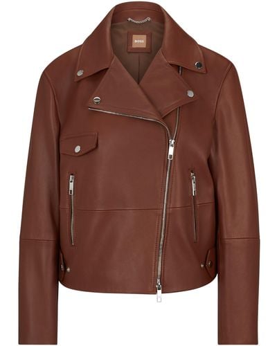 BOSS Leather Jacket With Signature Lining And Asymmetric Zip - Brown