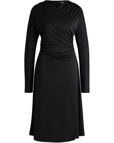 BOSS Long-sleeved Dress With Wrap Front - Black