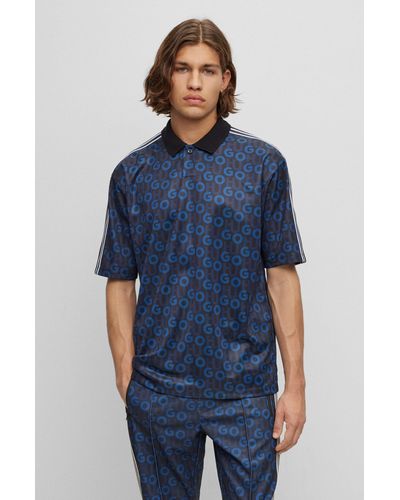 HUGO Relaxed-fit Polo Shirt With Printed Monograms - Blue
