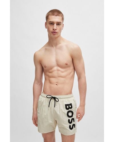 BOSS Vertical-logo-print Swim Shorts In Quick-dry Poplin - White