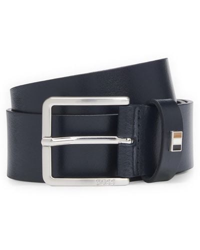 BOSS Italian-leather Belt With Signature-stripe Keeper Trim - Blue