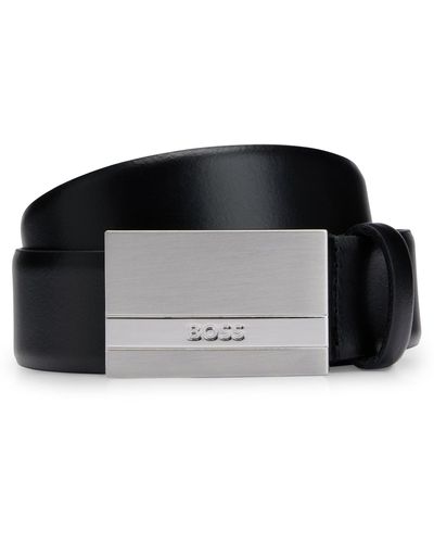 BOSS by HUGO BOSS Italian-leather Belt With Logo-plaque Buckle - Grey