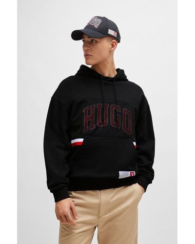 HUGO Cotton-terry Relaxed-fit Hoodie With Sporty Logo - Black