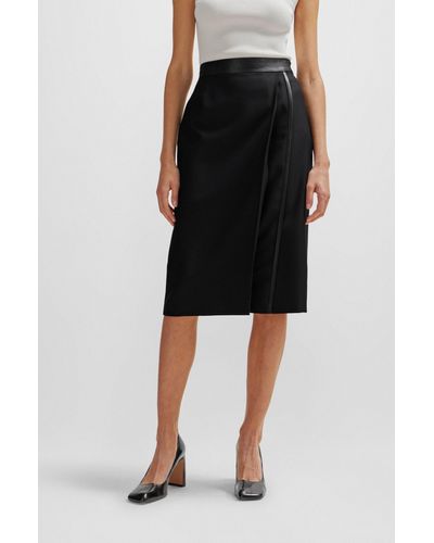 BOSS Pencil Skirt In Wool Twill With Faux-leather Trims - Black