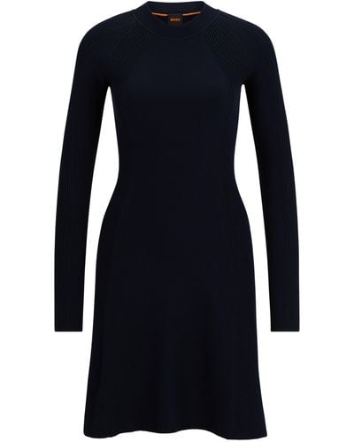 BOSS Slim-Fit Langarm-Kleid mit verschiedenen Strukturen - Blau