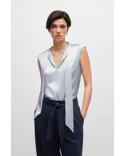 BOSS Sleeveless Silk Blouse With Tie Neckline - Blue