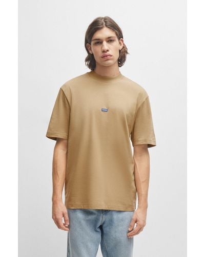 HUGO Cotton-jersey T-shirt With Blue Logo Patch - Natural