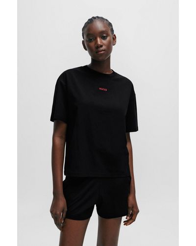 HUGO Camiseta relaxed fit de punto suave con logo en contraste - Negro