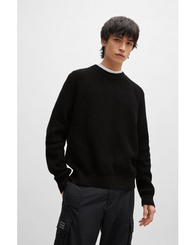 HUGO Relaxed-fit Sweater With Knitted Structure And Crew Neckline - Black