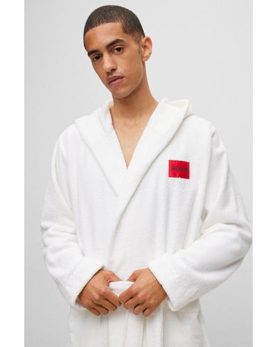 HUGO Cotton-terry Hooded Dressing Gown With Red Logo Label - White