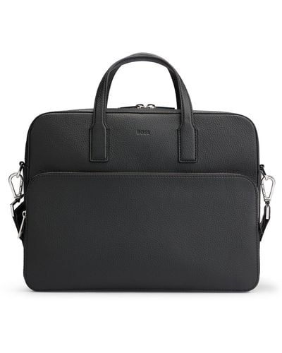 BOSS Document Case In Italian Leather With Emed Logo - Black