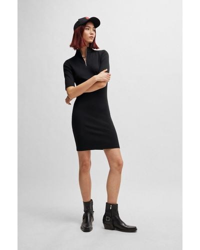 HUGO Zip-neck Dress In Stretch Jersey With Stacked Logo - Black