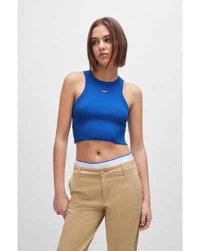 HUGO Stretch-cotton Cropped Tank Top With Blue Logo Label