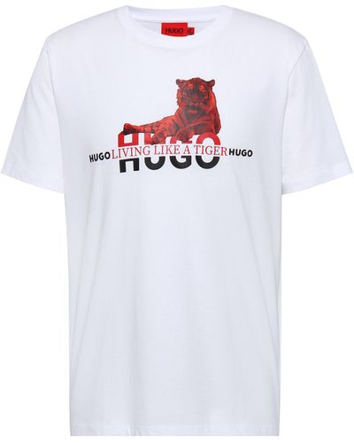 HUGO T-shirt Van Biologische Katoen Met Logo En Tijger-artwork - Wit