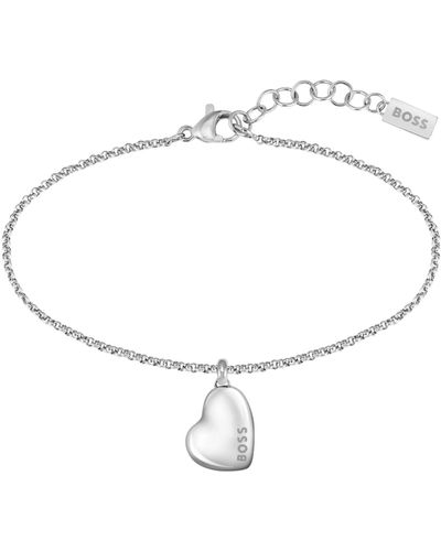 BOSS Silver-tone Bracelet With Heart-shaped Branded Pendant - White