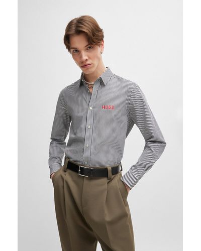 HUGO Relaxed-fit Shirt In Striped Cotton Poplin - Gray