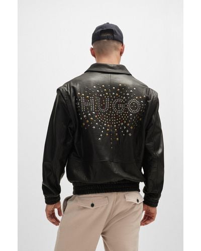 HUGO Leather Jacket With Detachable Sleeves And Stud Artwork - Black