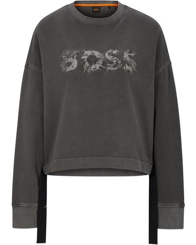 BOSS Logosweatshirt Van Katoenen Badstof Met Verstelbare Zoom - Grijs